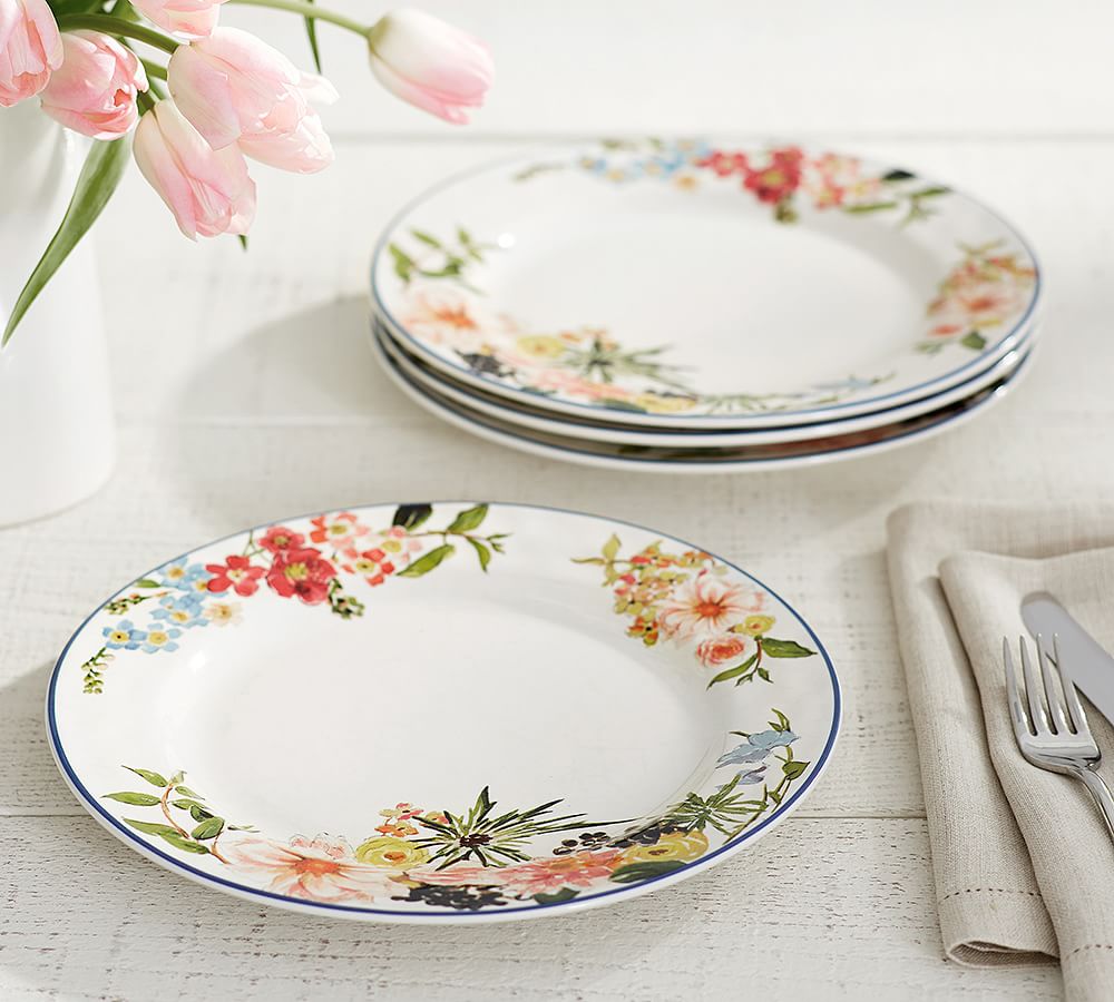 Floral Rim Stoneware Dinner Plates - Set of 4