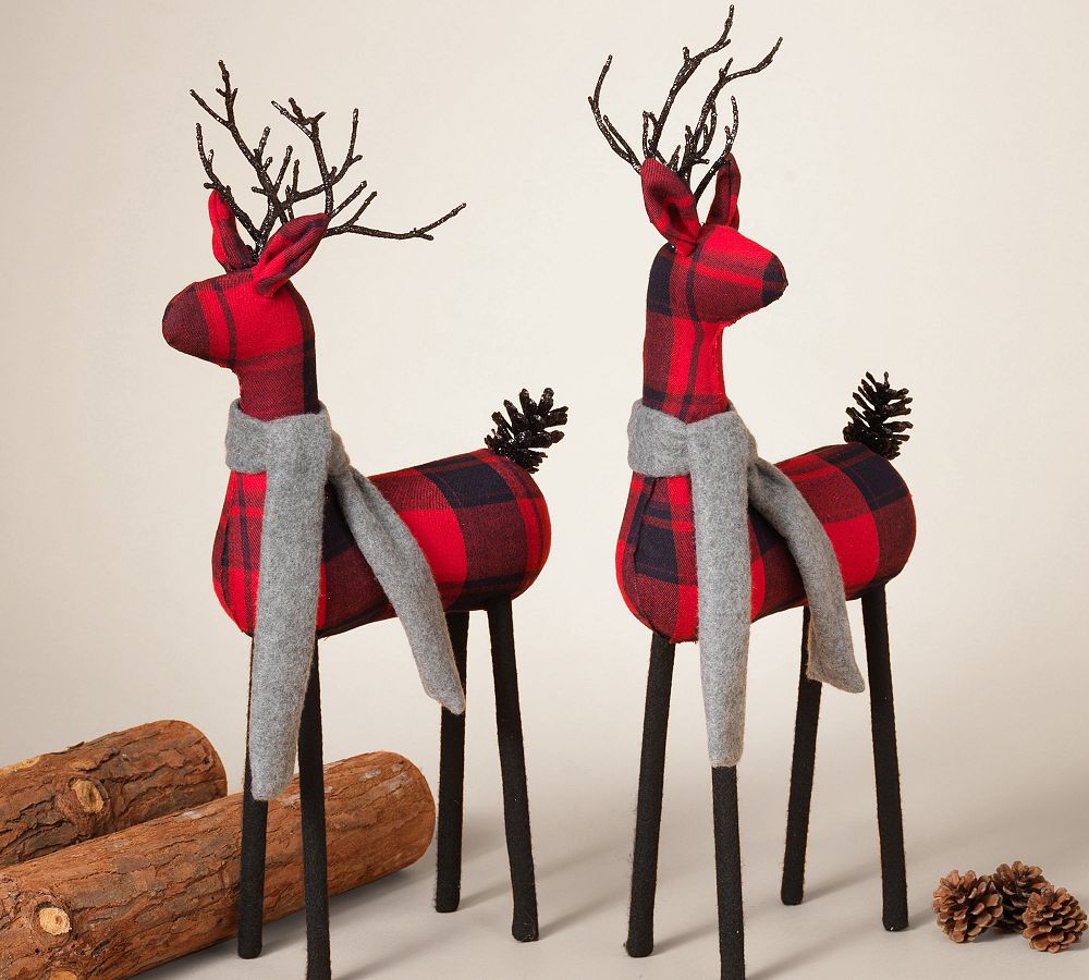 Red Plaid Reindeer With Scarf - Set Of 2