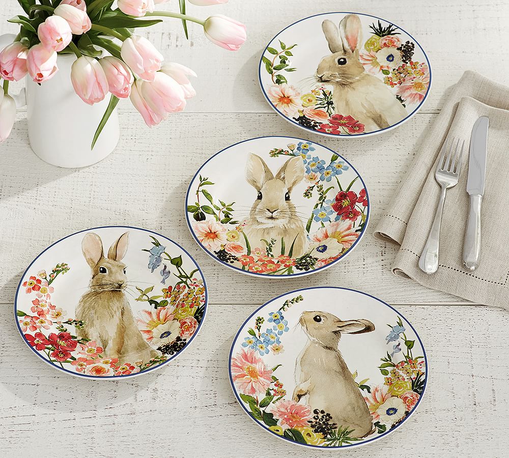 Floral Bunny Assorted Stoneware Salad Plates - Set of 4