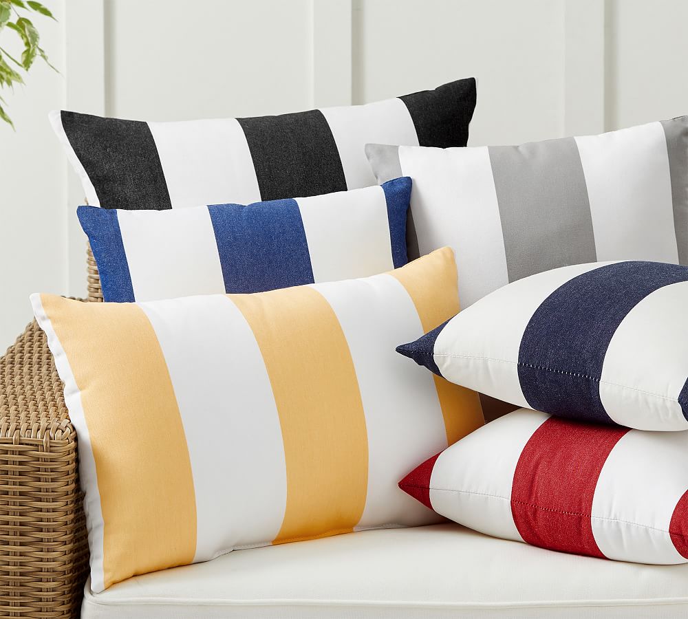 Set of 4 Indoor / Outdoor Black & White Stripe and Solid Red Lumbar/  Rectangle Pillows 
