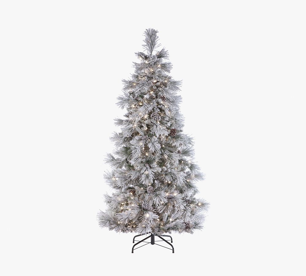 Lit LED Flocked Snowbell Pine Faux Christmas Trees