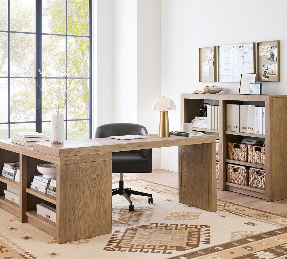 Ojai L-Shaped Solid Wood Executive Desk w Keyboard Tray & File Cabinet.