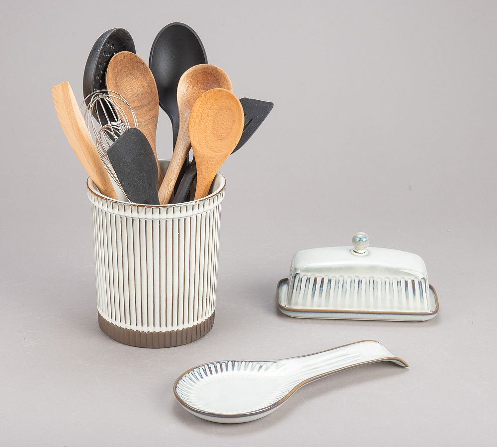 Beige Kitchen Utensil Holder, Speckled Stoneware Kitchen Crock 