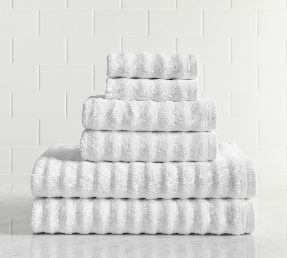 Textured Striped Bath Towel, Pure White, Set of 2