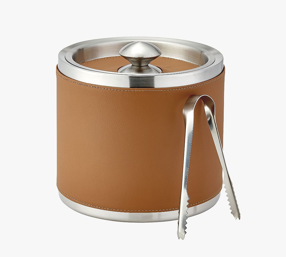 French Handcrafted Leather Ice Bucket with Tongs