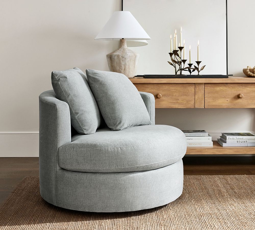Balboa Upholstered Swivel Armchair | Pottery Barn