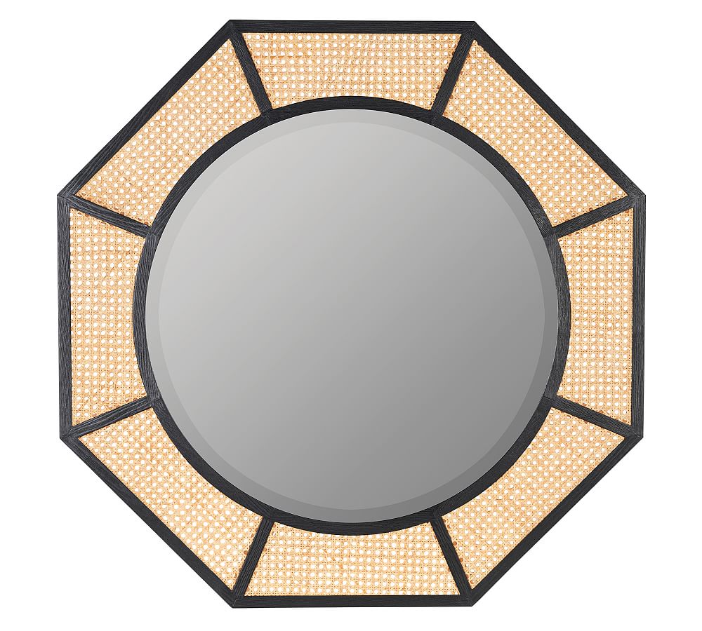 Nicki Octagonal Black and Natural Cane Round Wall Mirror