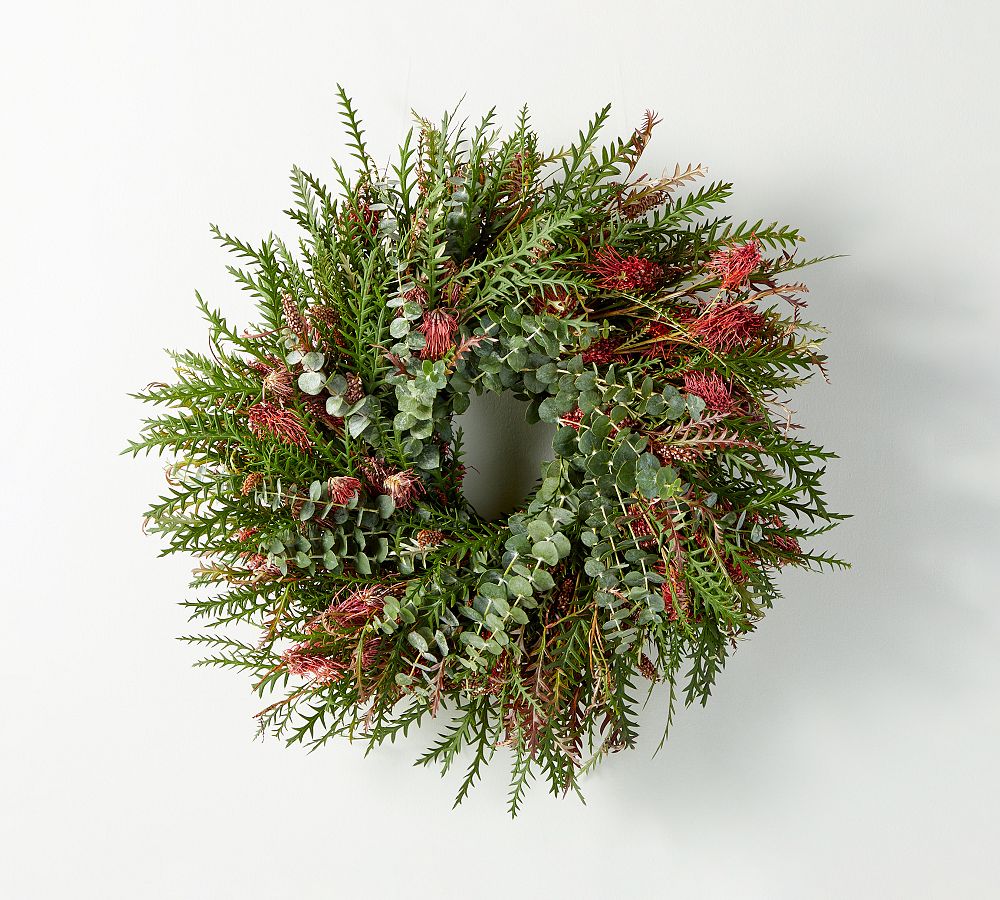 Lit Faux Eucalyptus and Pine Wreath & Garland