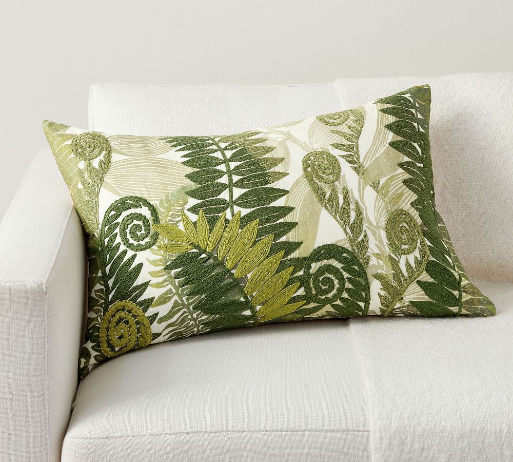 Fern Embroidered Lumbar Pillow