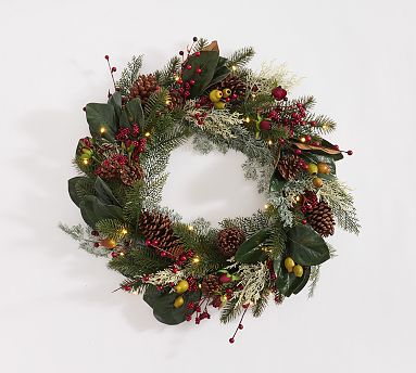 Lit Faux Pine and Berry Wreath & Garland | Pottery Barn