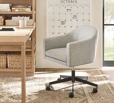 Modern White Office Chair Upholstered Cotton & Linen Swivel Task