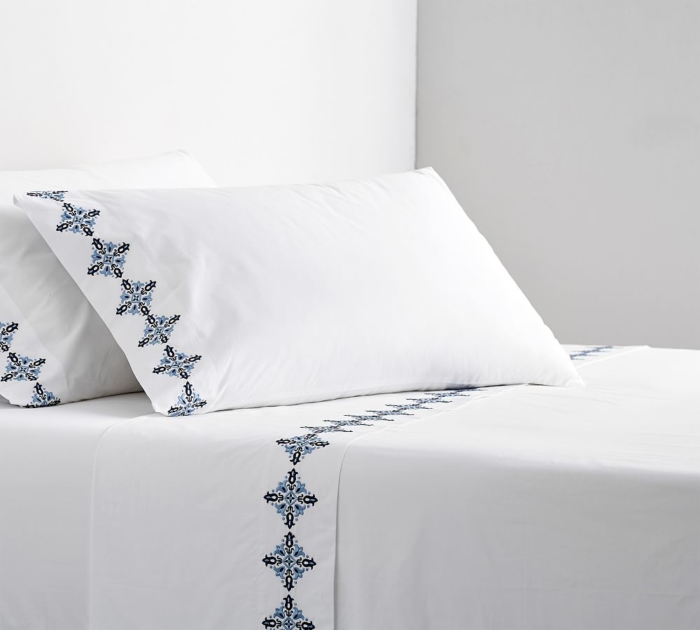 Tile Embroidered Organic Percale Pillowcases - Set of 2