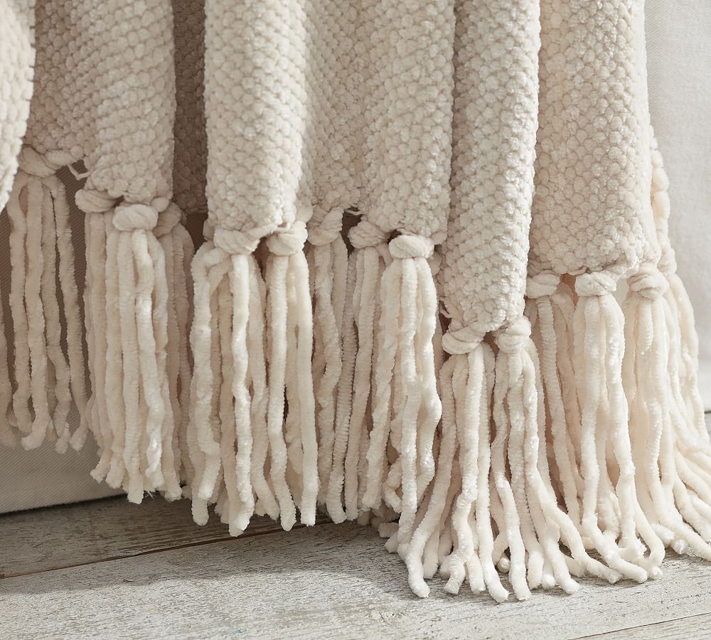 Pointelle Knit Blanket with Fringe, Delicate Throw