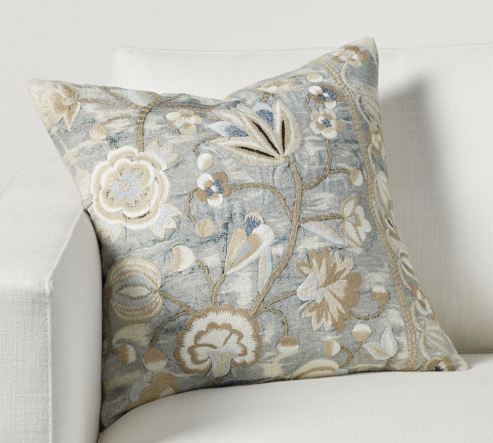 St. Claire - Embroidered Flower Decorative Pillow - Gold, Grey