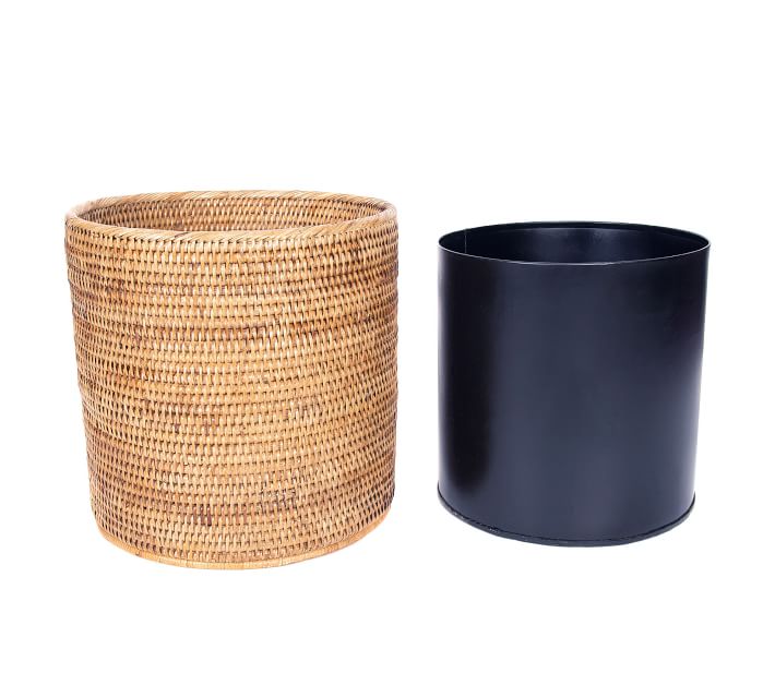 Pottery Barn Tava Handwoven Rattan Round Waste Basket With Metal