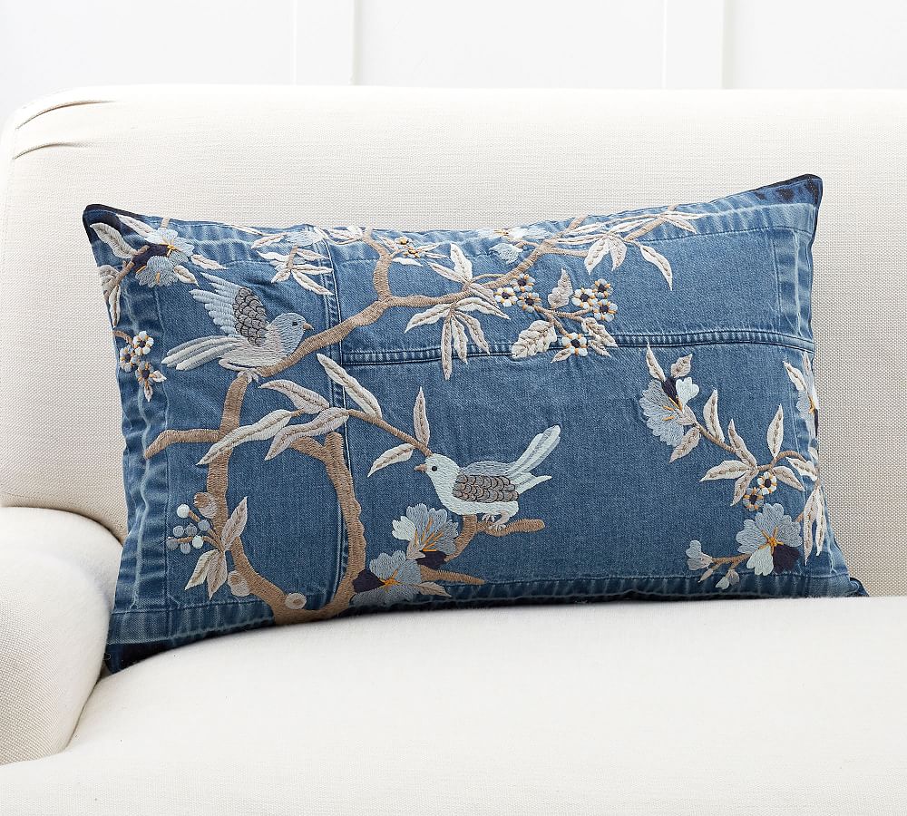 Floral Denim Embroidered Lumbar Pillow Cover