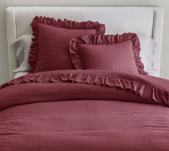 Belgian Flax Linen Raw Edge Ruffle Solid Duvet Cover - Flax