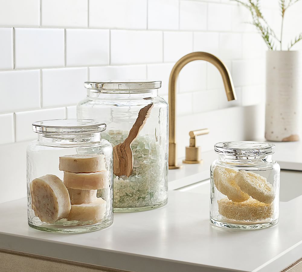 Classic Glass Bathroom Canisters  Bathroom decor, Diy bathroom