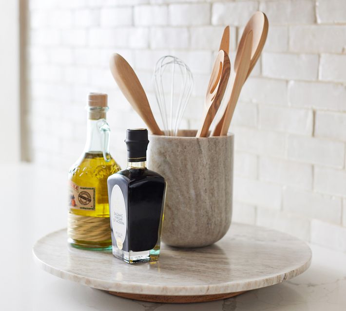 Handcrafted Beige Marble Utensil Crock