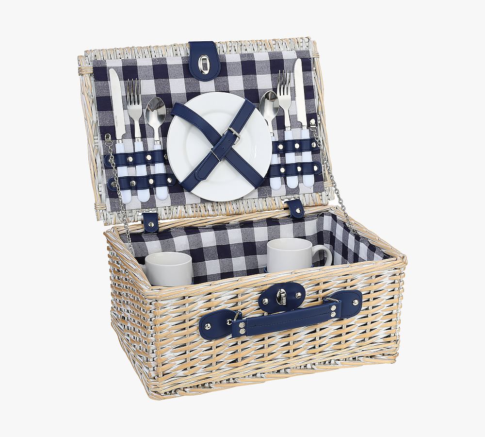 Navy Check Picnic Basket - Set for 2