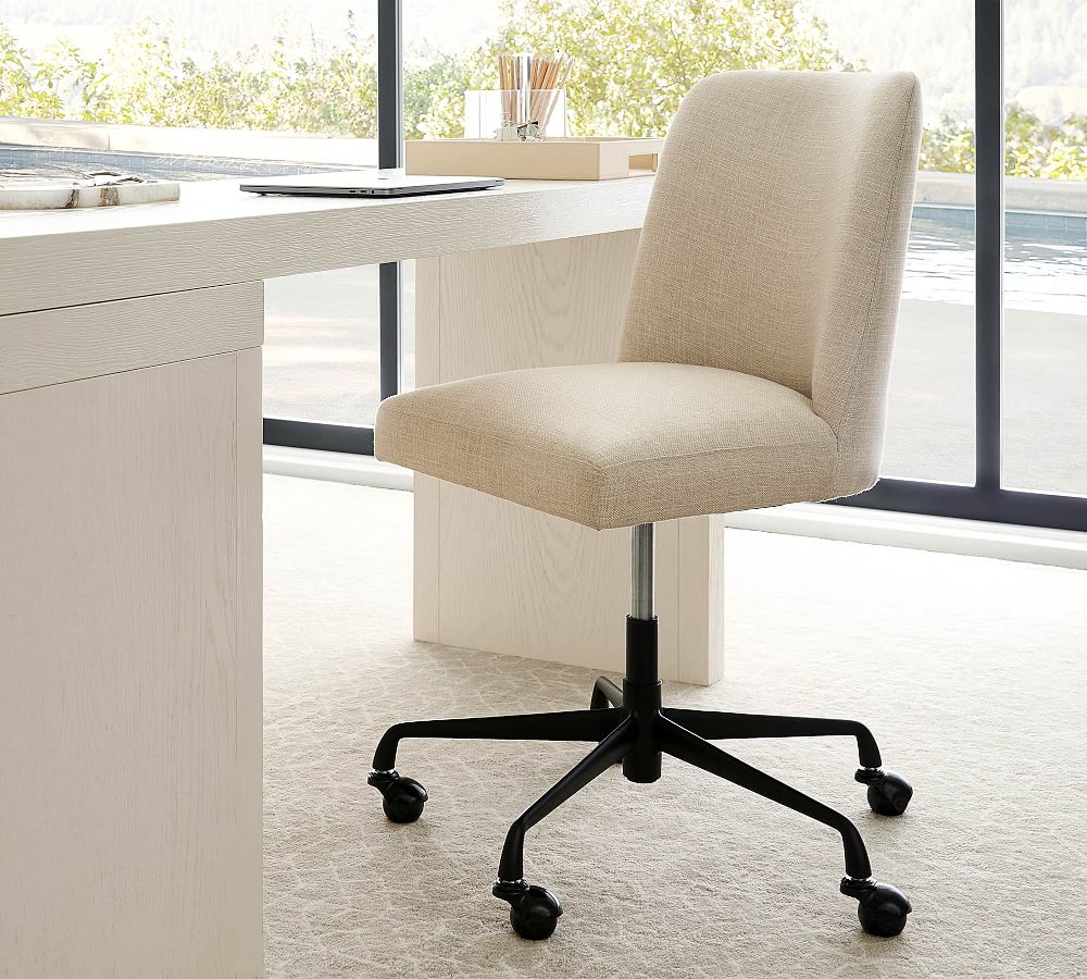 Layton Upholstered Rolling Swivel Desk Chair, Black Base, Basketweave Slub Oatmeal