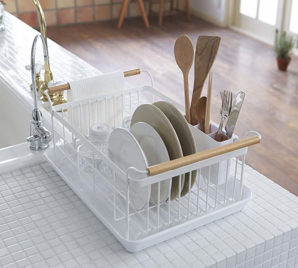 Yamazaki Home Over the Sink Wood-Handled Dish Rack, Steel & Wood