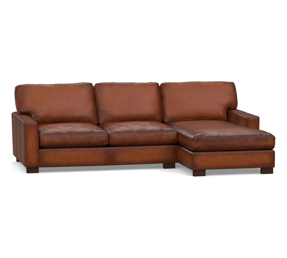 Turner Square Arm Leather Left Arm Loveseat with Chaise Sectional, Down Blend Wrapped Cushions, Burnished Saddle