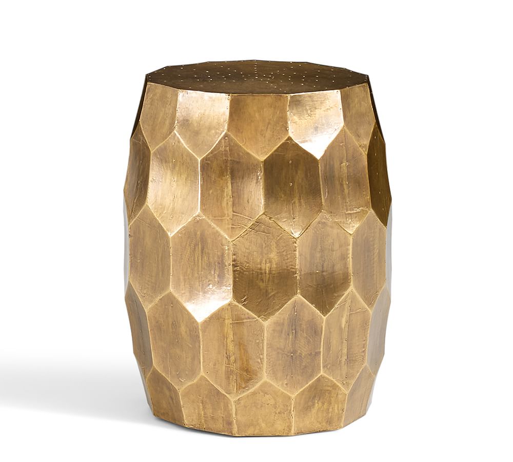 Hammered Wood & Metal Accent Stool, Brass