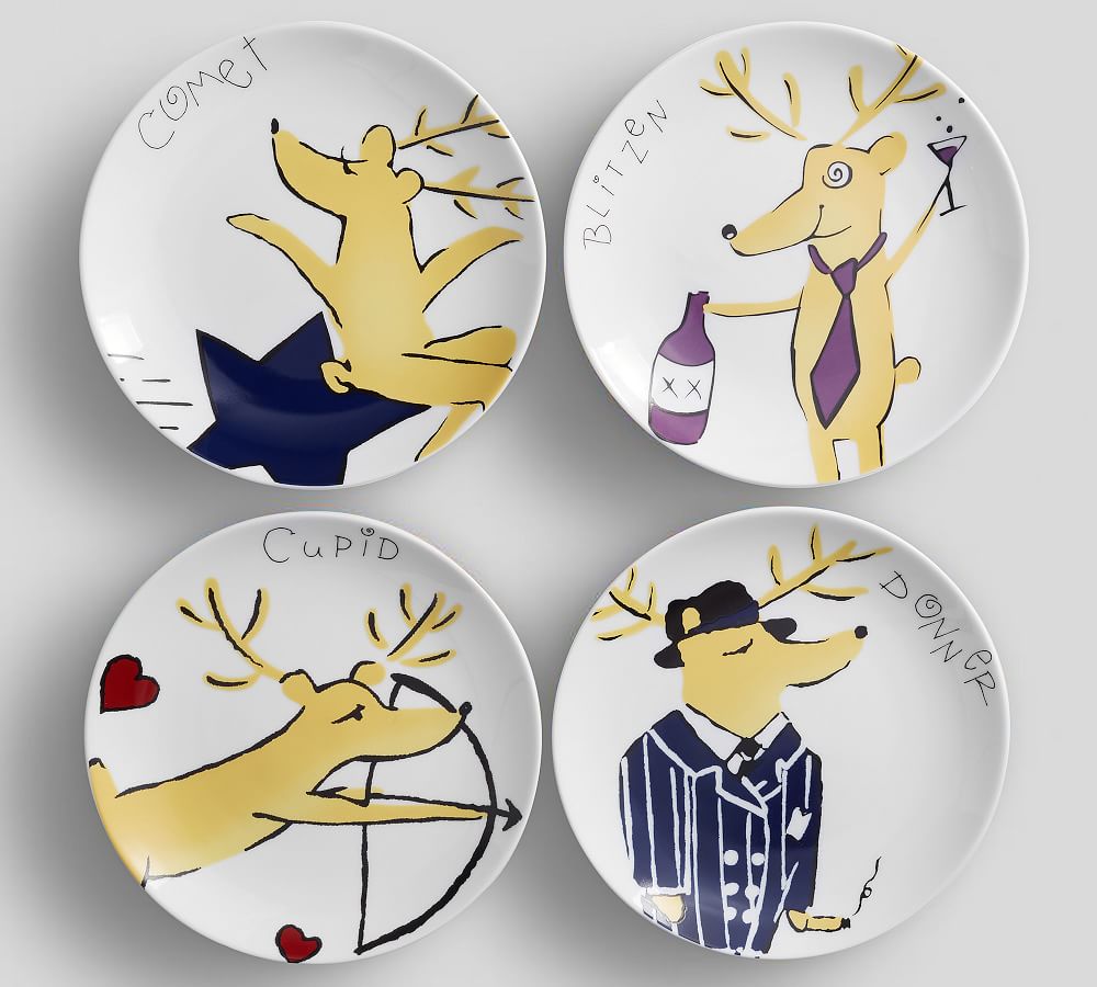 Santa's Reindeer Appetizer Plates, Set of 4 Assorted Pottery Barn