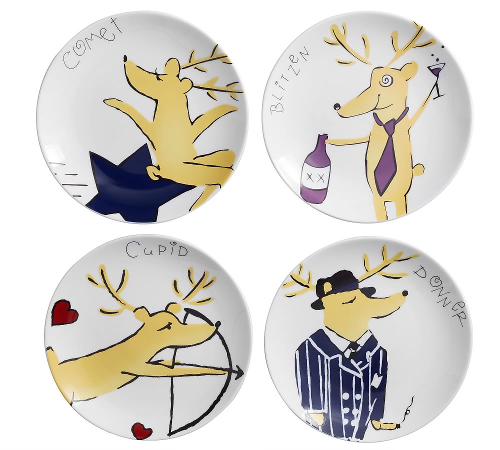 Santa's Reindeer Appetizer Plates, Set of 4 Assorted Pottery Barn