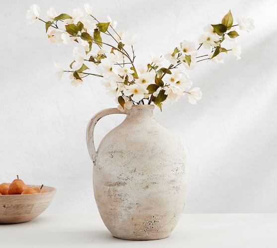 DECORATIVE FLOOR VASE WITH SAUCER-BASE FB97938 TERRACOTTA IN WHITE PATINA  Φ40x80Hcm.