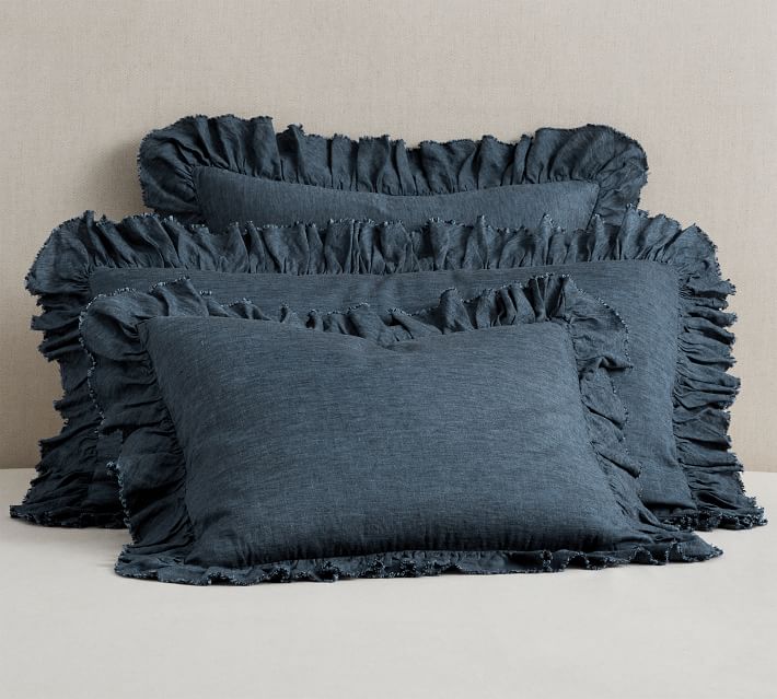 Blue Grey Frayed Ruffled Linen Down Filled Throw Pillow