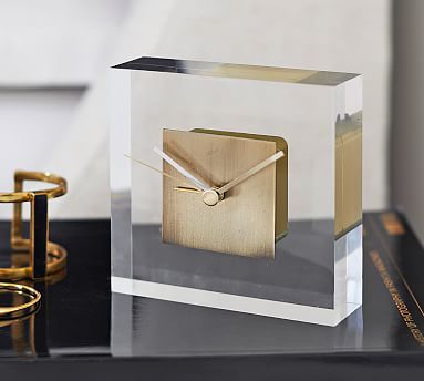 Clear Acrylic Desk Clock, 4x4x1.25, with Brass Hardware (63207)