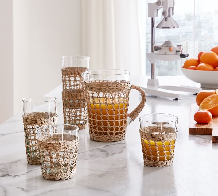 Wicker and Glass Juice Pitcher and Glass Set