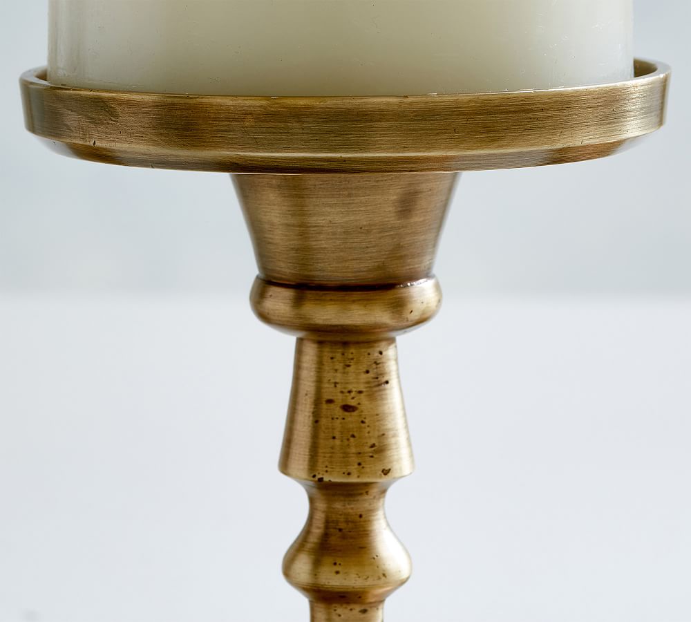 Tall Cast Iron Pillar Candle Holder - Antique Brass