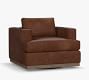 Carmel Recessed Arm Leather Wood Base Swivel Chair