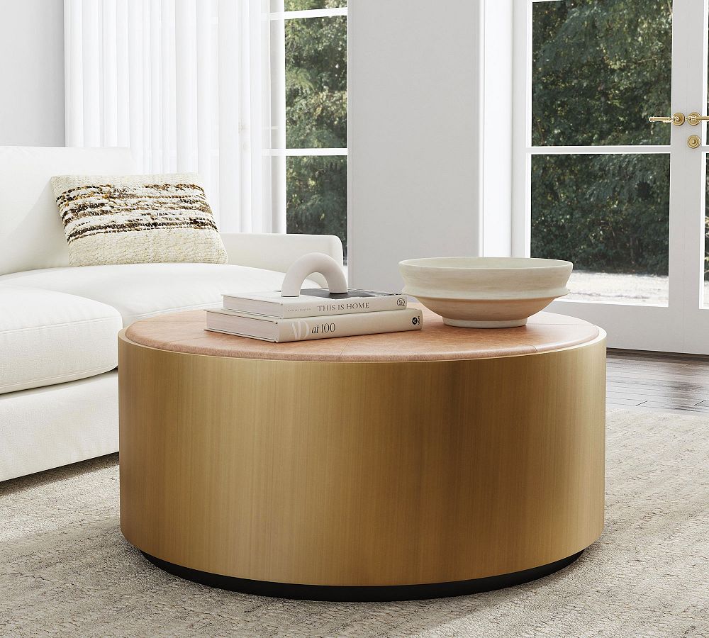 Brockton Round Metal &amp; Leather Coffee Table (40&quot;)