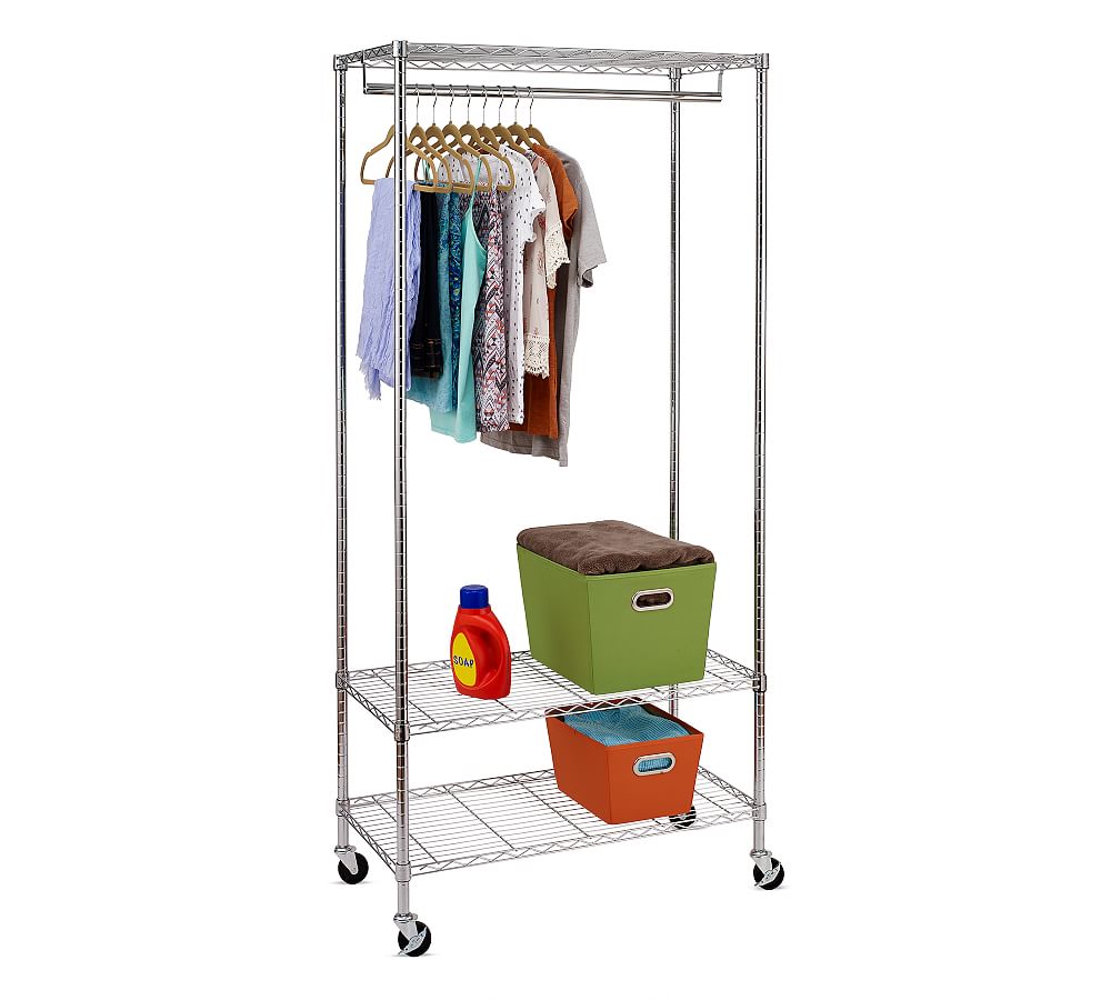 Chrome Rolling Clothing Rack with Shelves