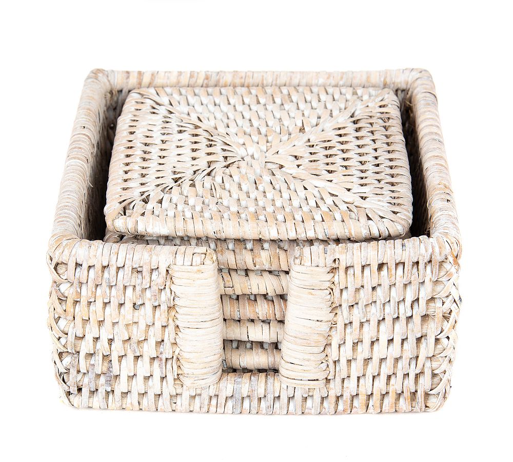 Tava Handwoven Square Coasters with Holder - Light Natural