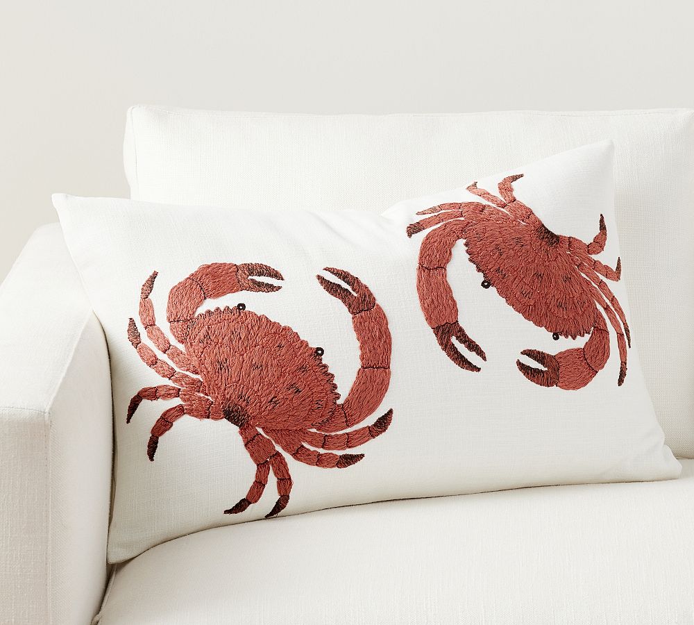 Crab Embroidered Lumbar Pillow