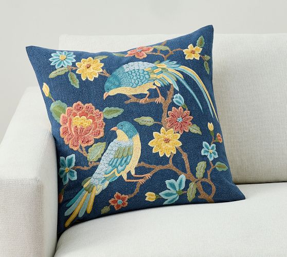 Floral Bird Embroidered Pillow