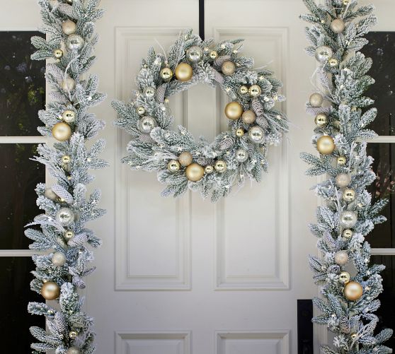 Lit Faux Frosted Pine & Ornaments Wreath & Garland