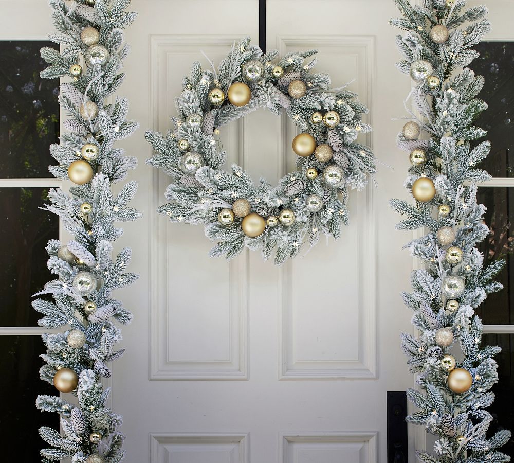 Lit Faux Frosted Pine &amp; Ornaments Wreath &amp; Garland