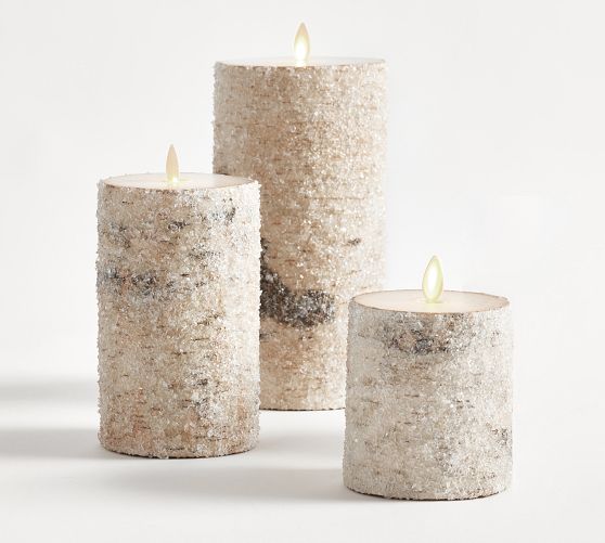 Premium Flickering Flameless Wax Pillar Candles Sugared Birch Pottery Barn