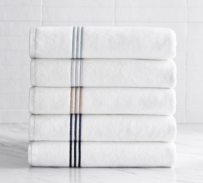 White bath towels with blue deals trim