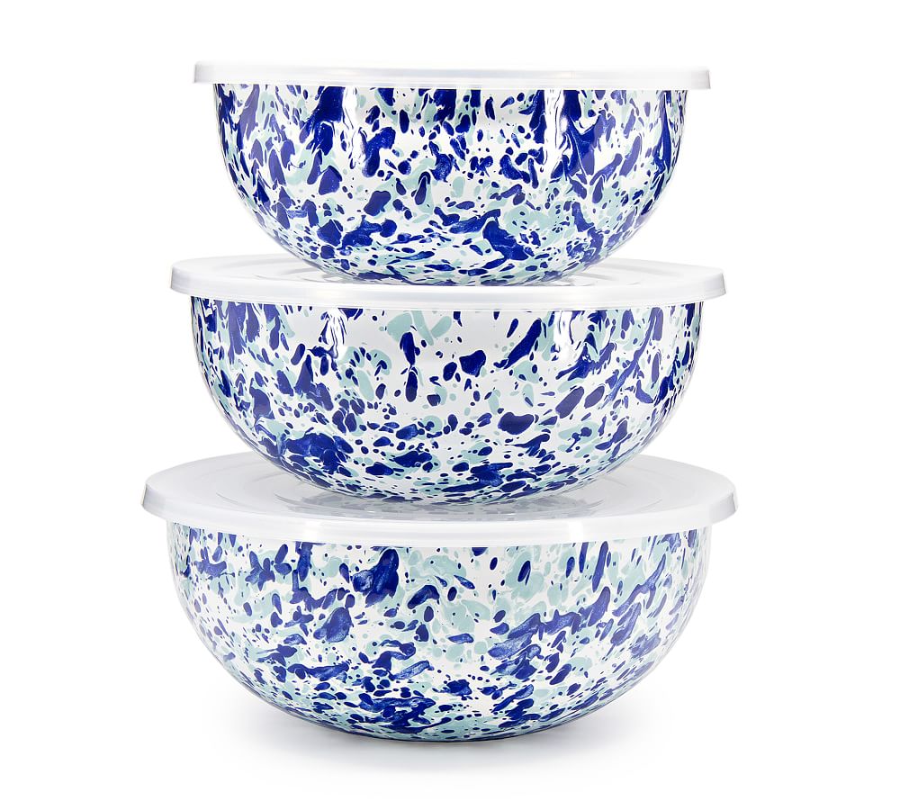 Golden Rabbit Enamel Lidded Mixing Bowls - Set of 3 (Blue/Seaglass Speckle)