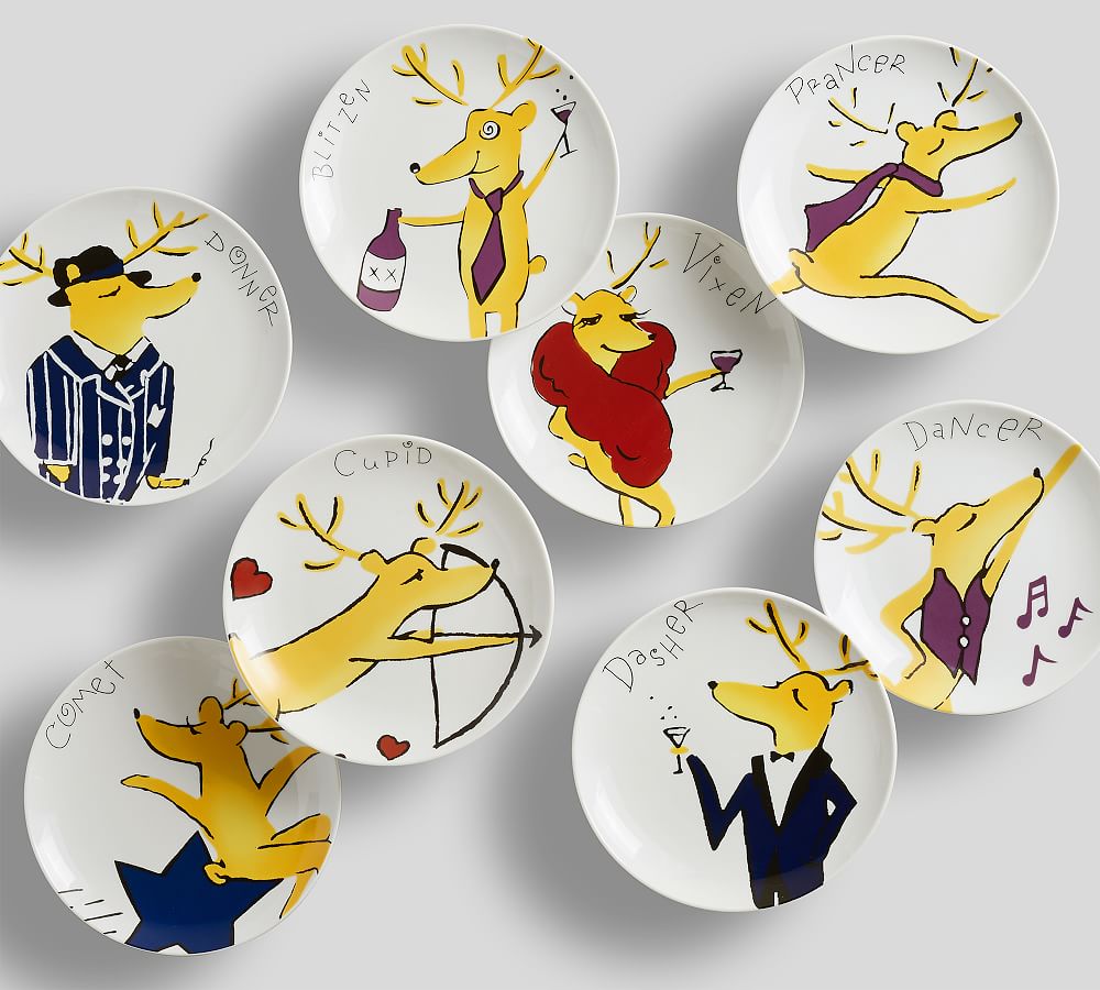 Santa s Reindeer Porcelain Appetizer Plates Set of 8 Pottery Barn