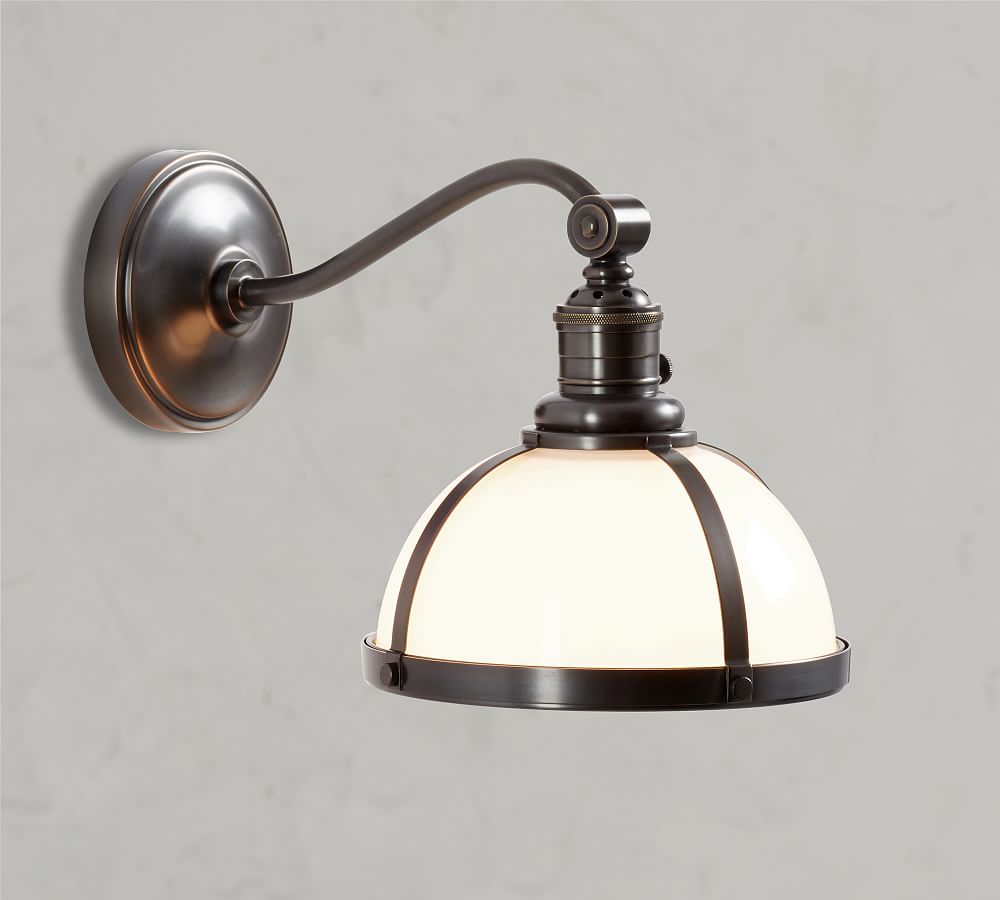 Curved Arm Industrial Milk Glass Sconce