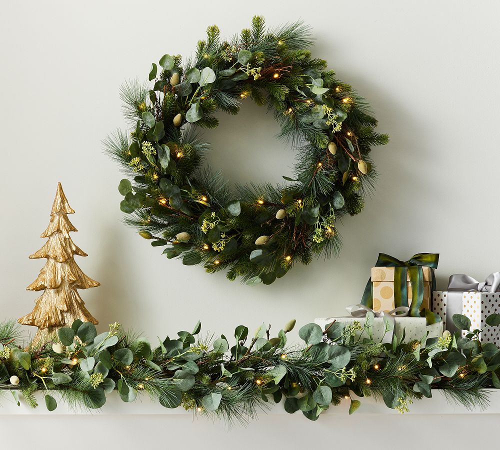 Lit Faux Eucalyptus and Pine Wreath &amp; Garland