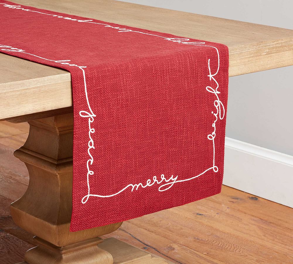 Holiday Sentiment Embroidered Cotton Table Runner